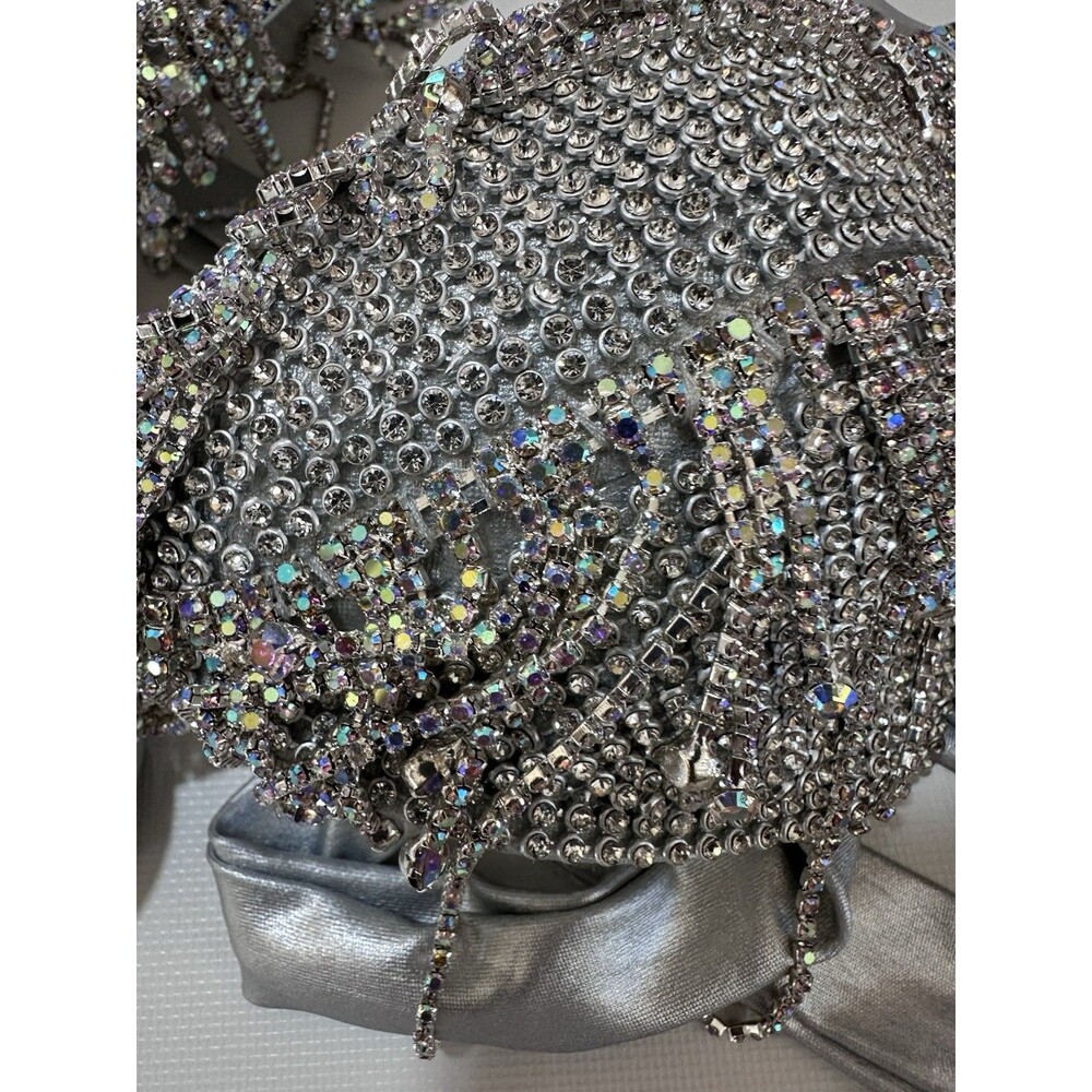 Women's Silver Belly Dance Bra Top with Beaded Sequin Fringe, Satin Straps - Picture 4 of 4